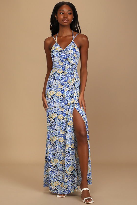 Blue Floral Print Dress - Wrap Maxi ...